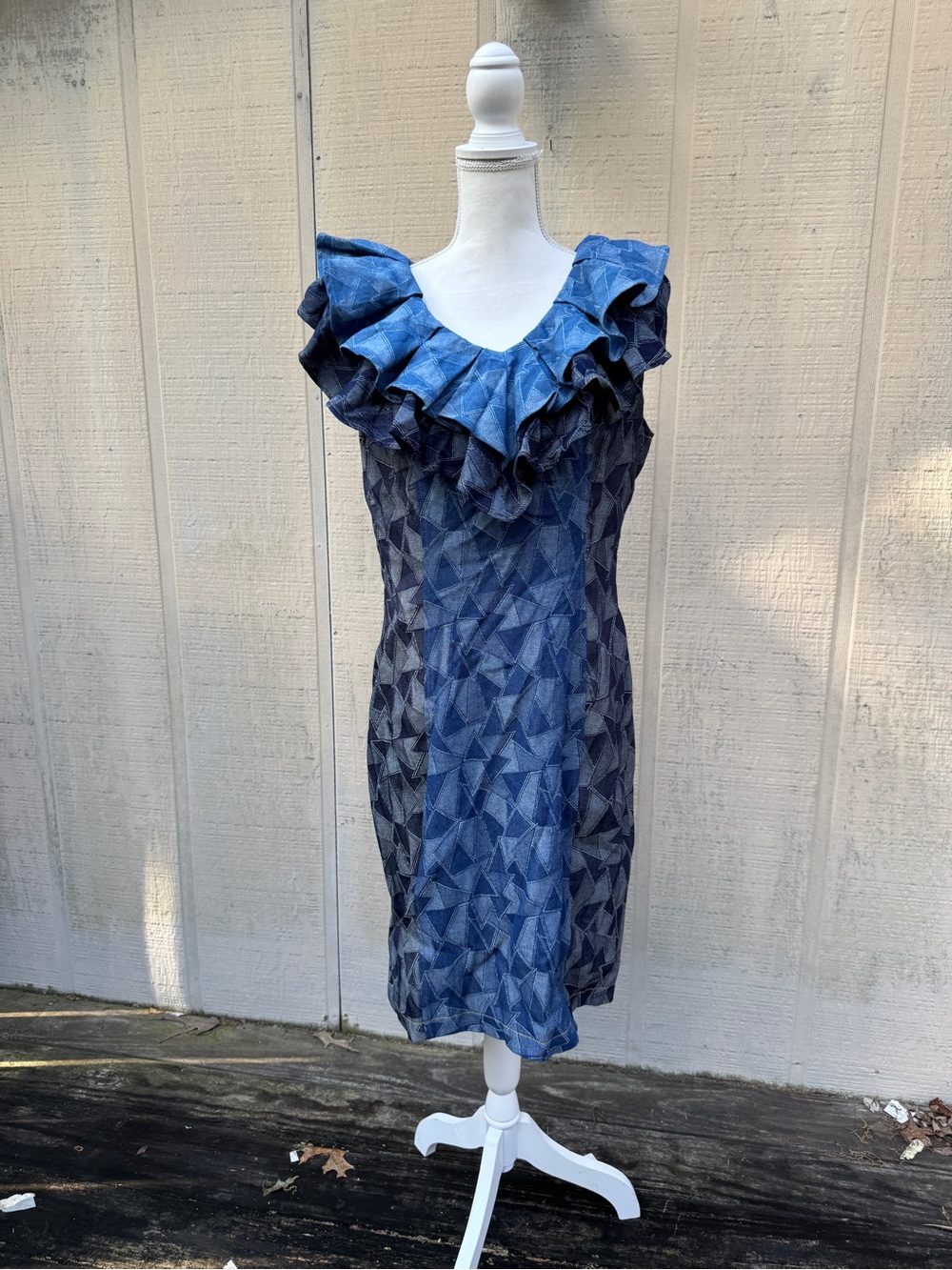 Sassy Jones Ginger Patchwork Denim Ruffle V-Neck Sheath Dress